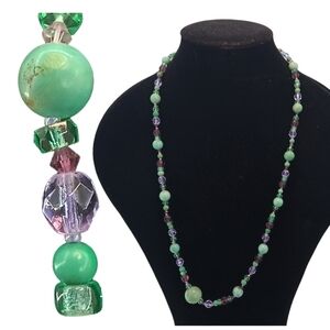 Womens Beaded Necklace Green, Purple Glass Stone Boho 14 in Long